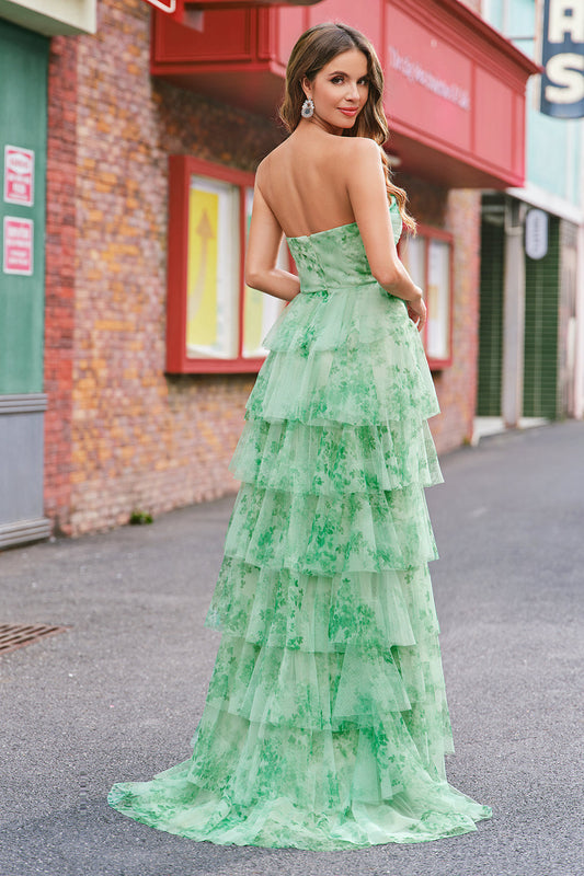 Robe de bal longue évasée bustier fendue à volants motif floral vert