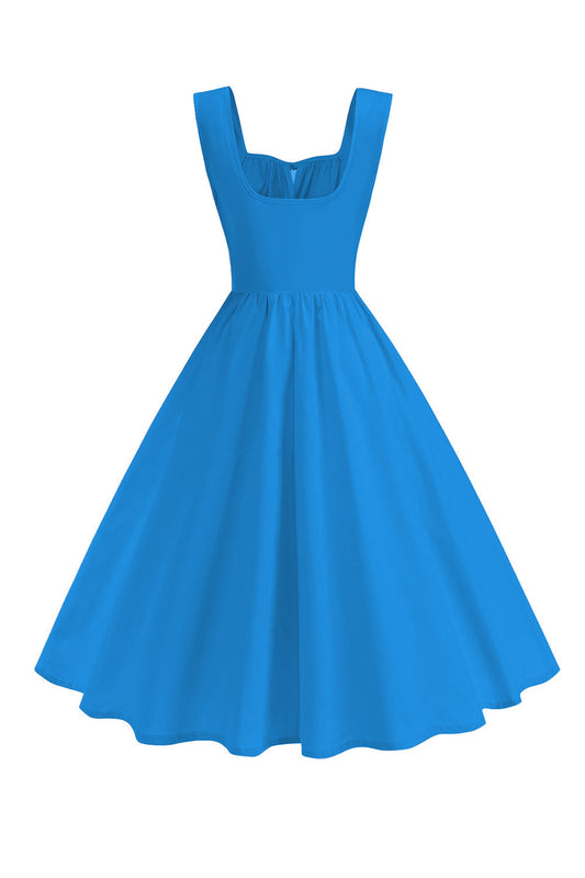 Robe midi évasée à col carré bleu style années 50