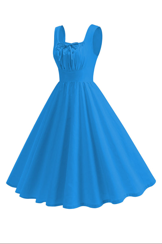 Robe midi évasée à col carré bleu style années 50