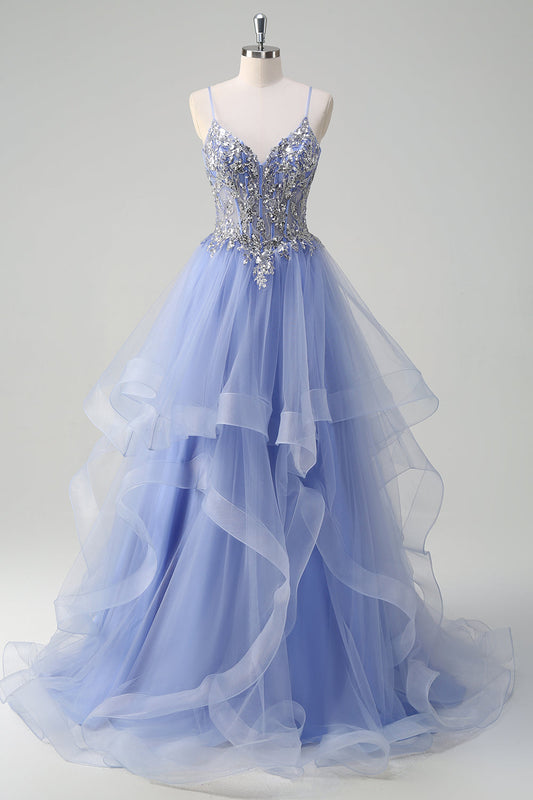 Sparkly Sequins Light Blue A-Line Spaghetti Straps Long Prom Dress with Spiral Ruffles