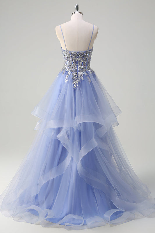 Sparkly Sequins Light Blue A-Line Spaghetti Straps Long Prom Dress with Spiral Ruffles