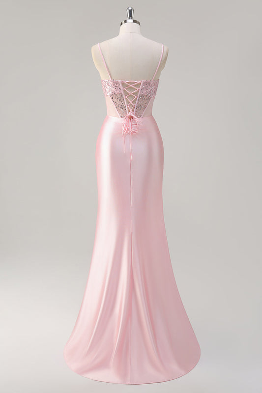 Robe de bal longue sirène rose à paillettes fendue