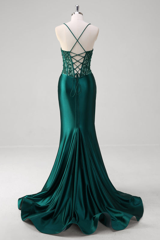 Robe de bal longue corset sirène plissée à sequins vert foncé avec dos lacé