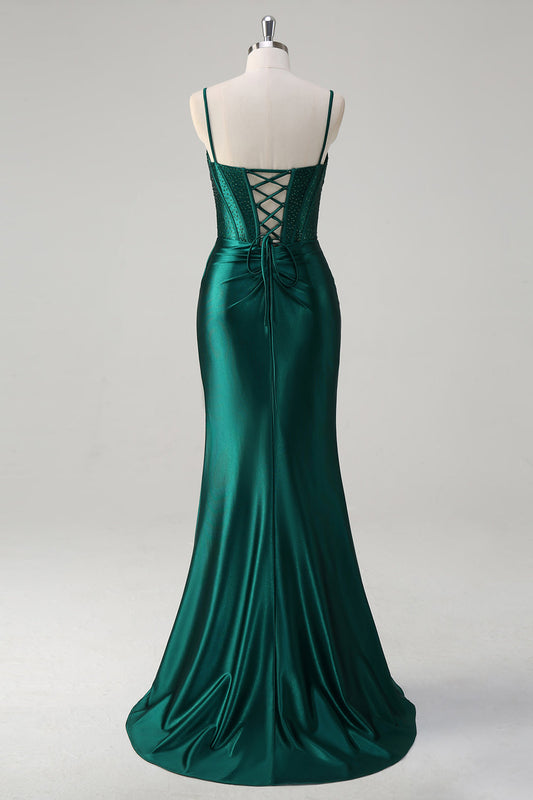 Robe de bal sirène longue vert foncé pailletée avec corset, perles et fente