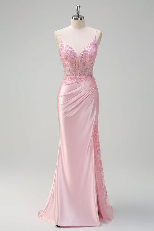 Robe de bal sirène rose clair scintillante avec corsage froncé et fente