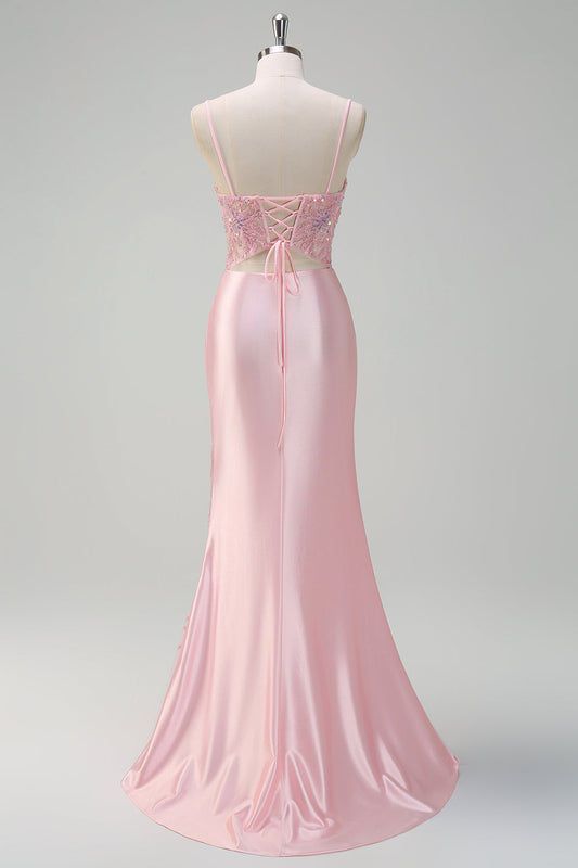 Robe de bal sirène rose clair scintillante avec corsage froncé et fente