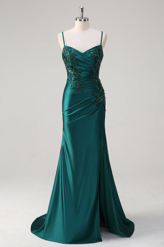 Robe de bal sirène vert foncé scintillante à fines bretelles