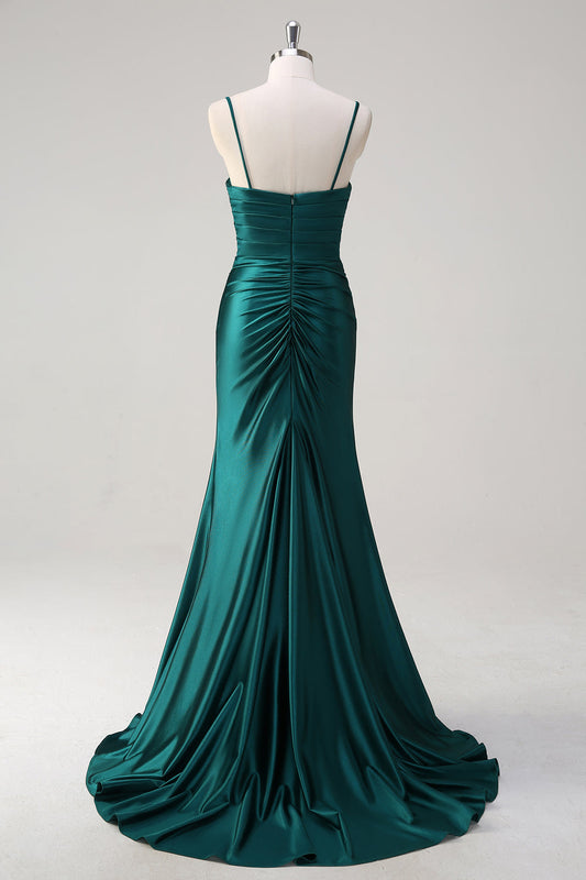 Robe de bal sirène vert foncé scintillante à fines bretelles