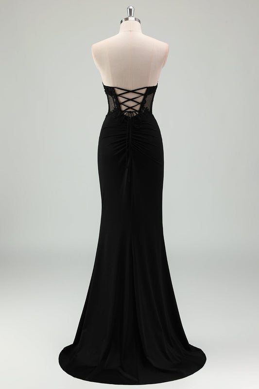Sparkly Black Mermaid Strapless Corset Appliqued Long Prom Dress with Slit