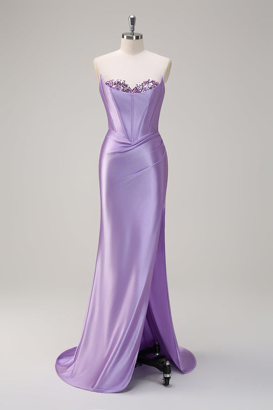 Robe de bal bustier en satin lilas pailleté avec fente et paillettes de sirène