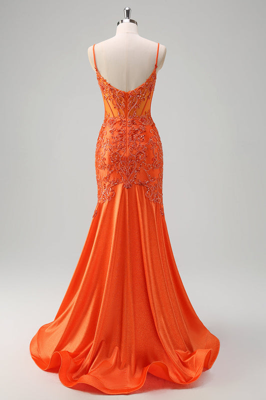 Robe de bal longue sirène orange à fines bretelles et perles