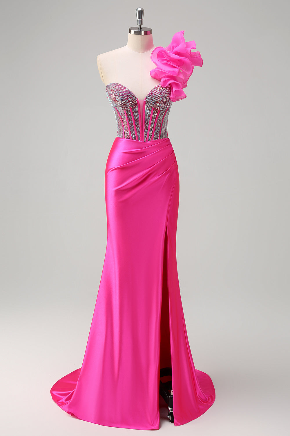 Robe de soirée longue sirène asymétrique fuchsia pailletée avec volants amovibles et fente