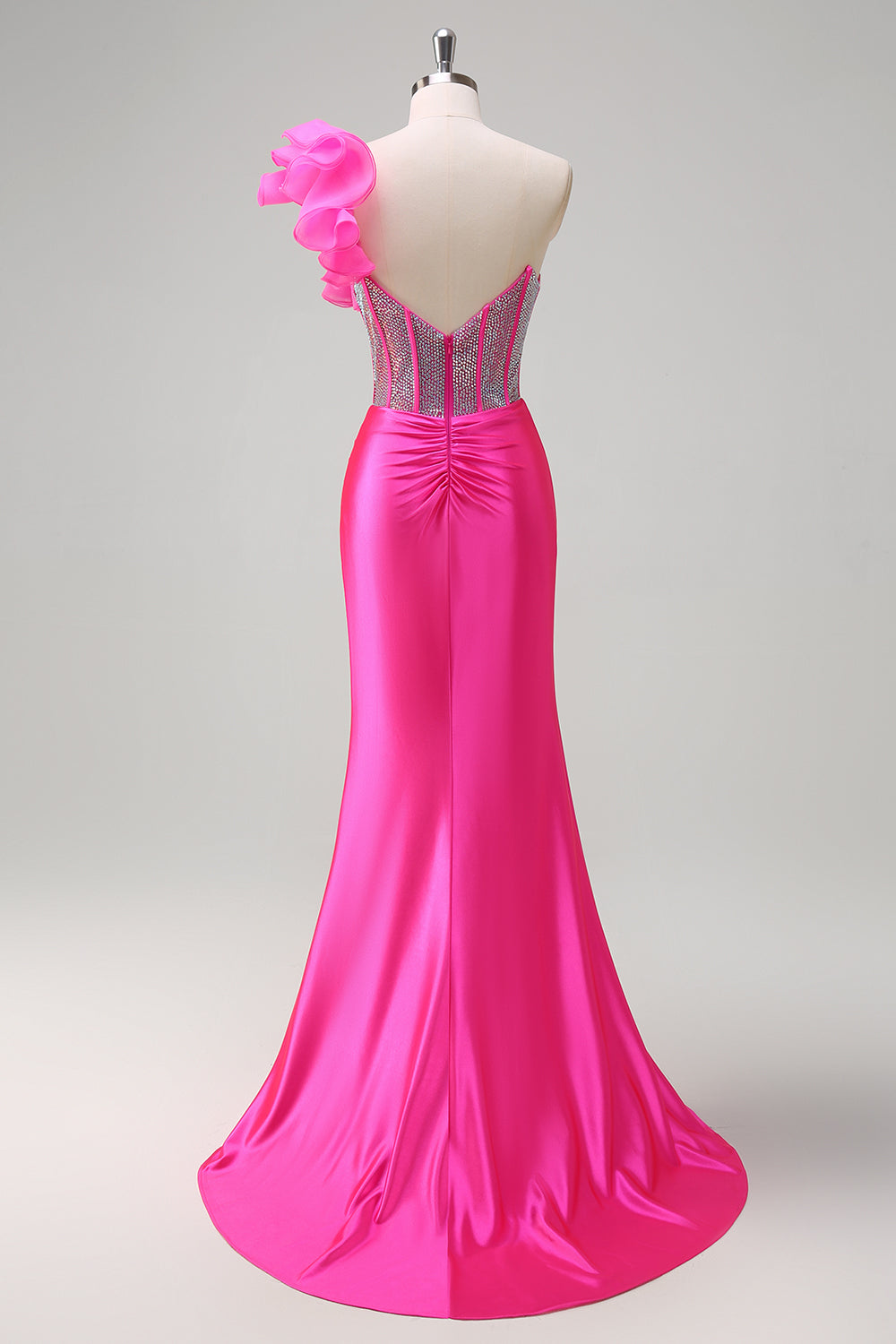 Robe de soirée longue sirène asymétrique fuchsia pailletée avec volants amovibles et fente