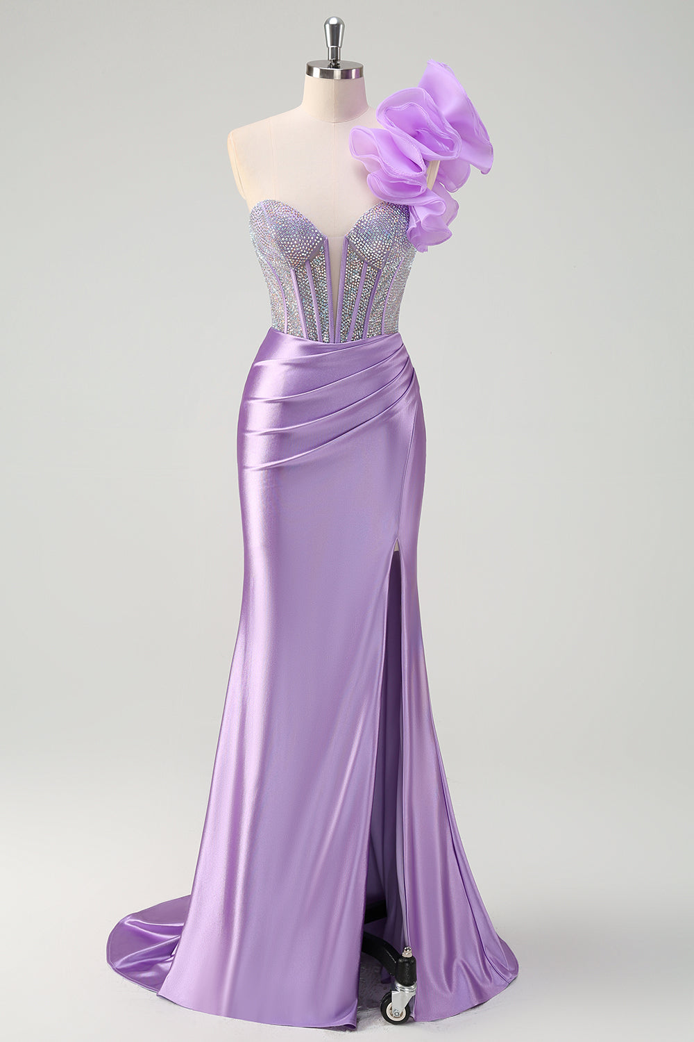 Robe de soirée longue sirène asymétrique fuchsia pailletée avec volants amovibles et fente