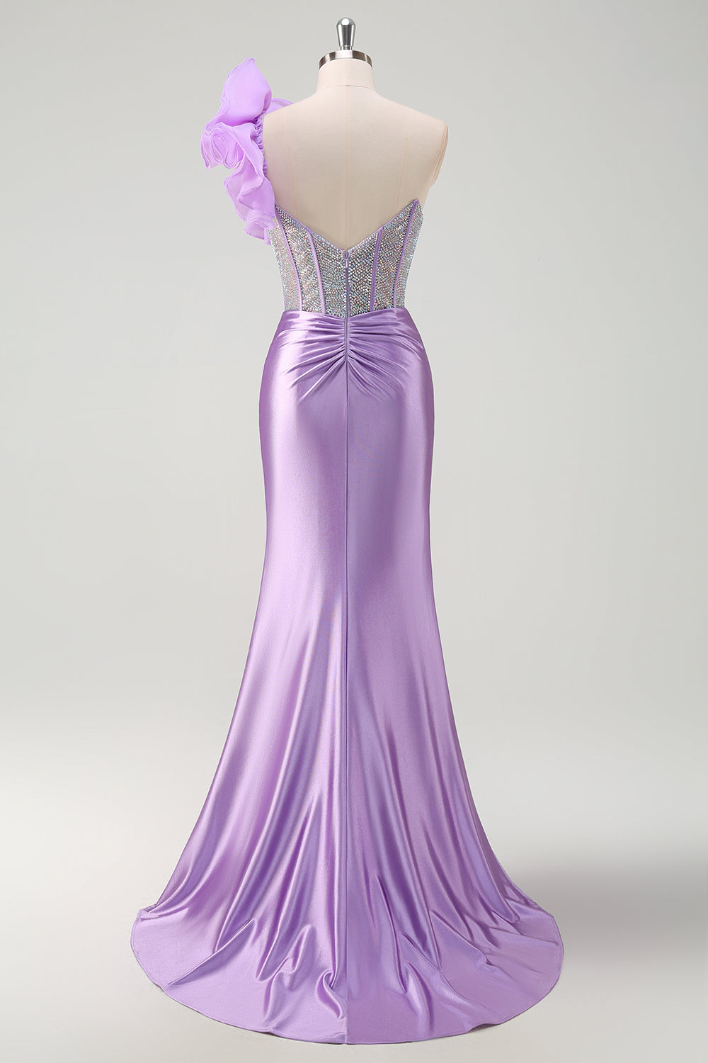 Robe de soirée longue sirène asymétrique fuchsia pailletée avec volants amovibles et fente