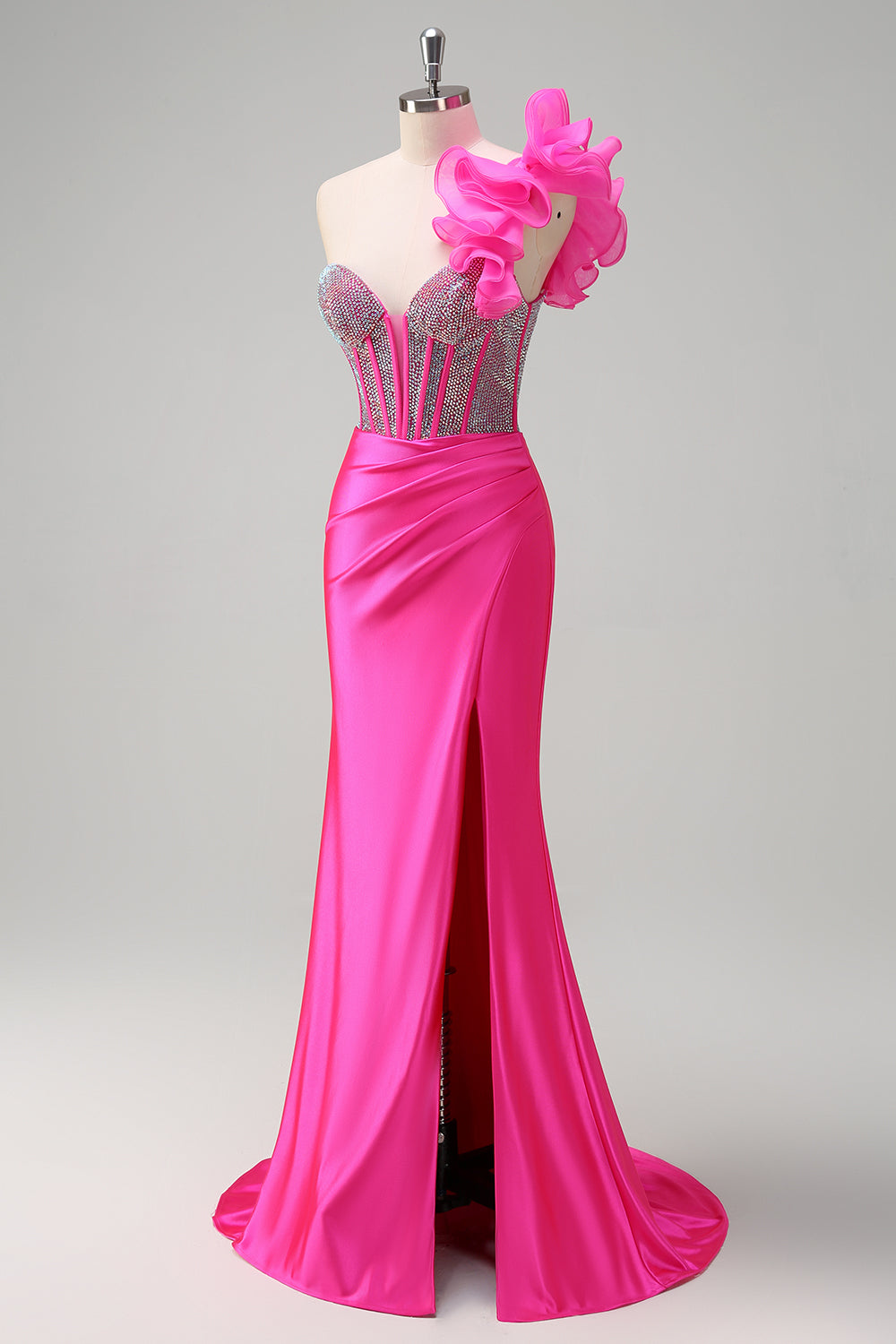 Robe de soirée longue sirène asymétrique fuchsia pailletée avec volants amovibles et fente