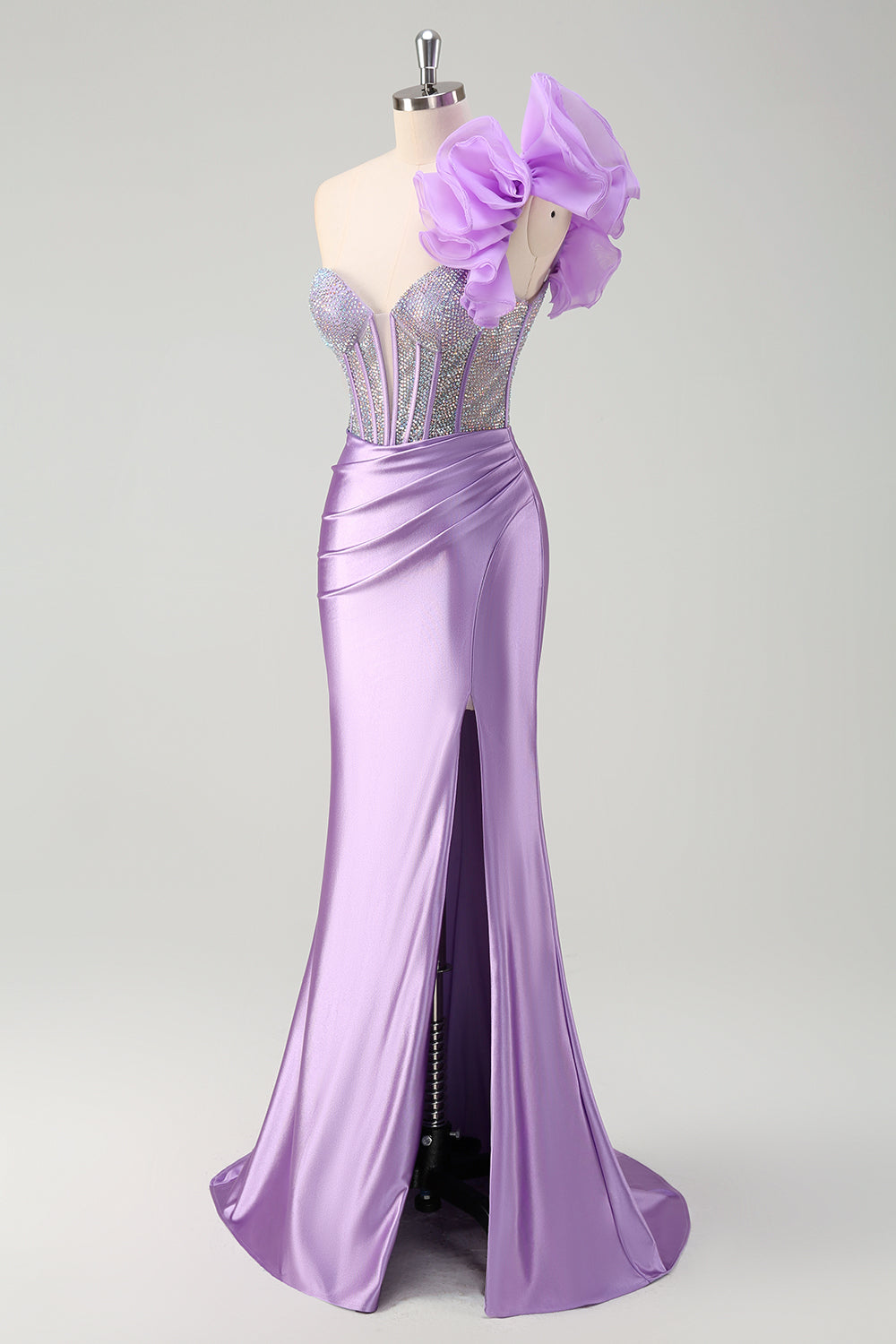 Robe de soirée longue sirène asymétrique fuchsia pailletée avec volants amovibles et fente