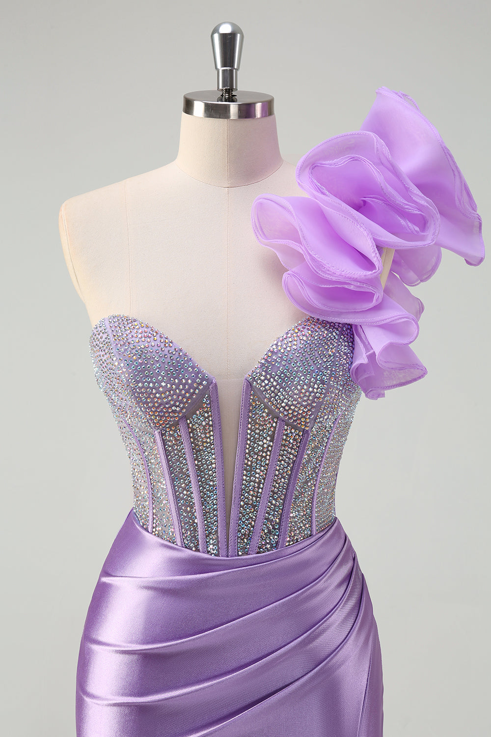 Robe de soirée longue sirène asymétrique fuchsia pailletée avec volants amovibles et fente