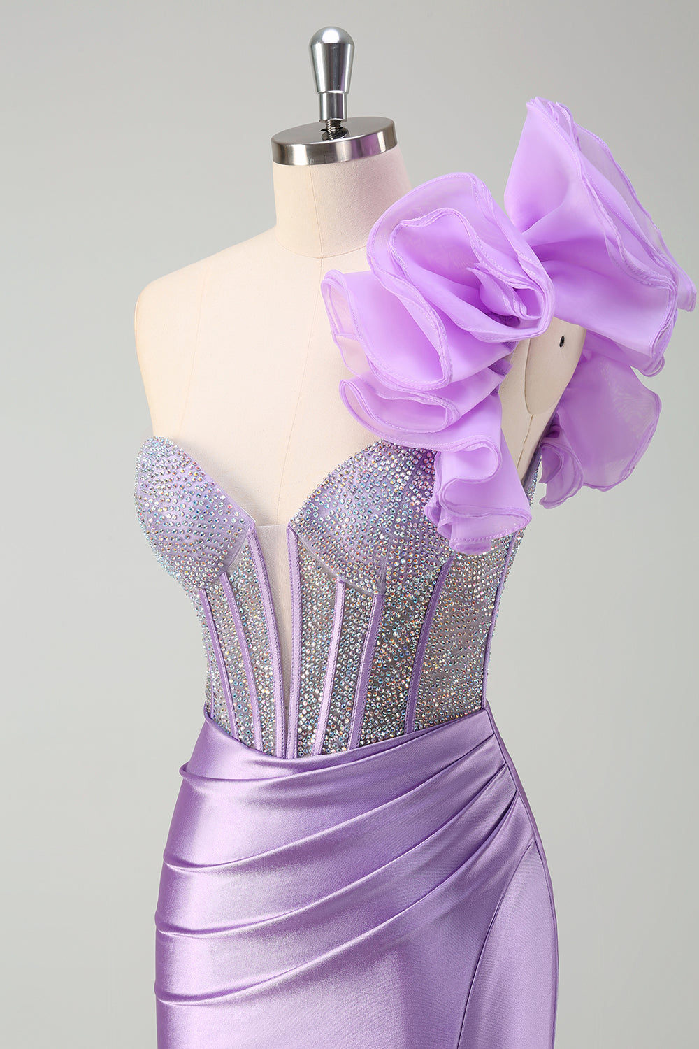 Robe de soirée longue sirène asymétrique fuchsia pailletée avec volants amovibles et fente