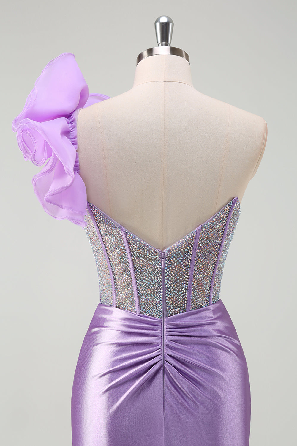 Robe de soirée longue sirène asymétrique fuchsia pailletée avec volants amovibles et fente