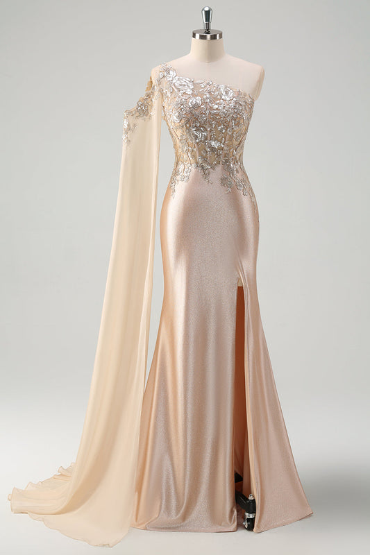 Robe de bal longue asymétrique sirène champagne scintillante à sequins avec fente