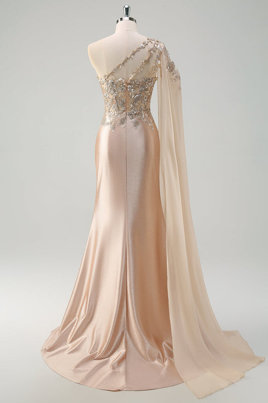 Robe de bal longue asymétrique sirène champagne scintillante à sequins avec fente
