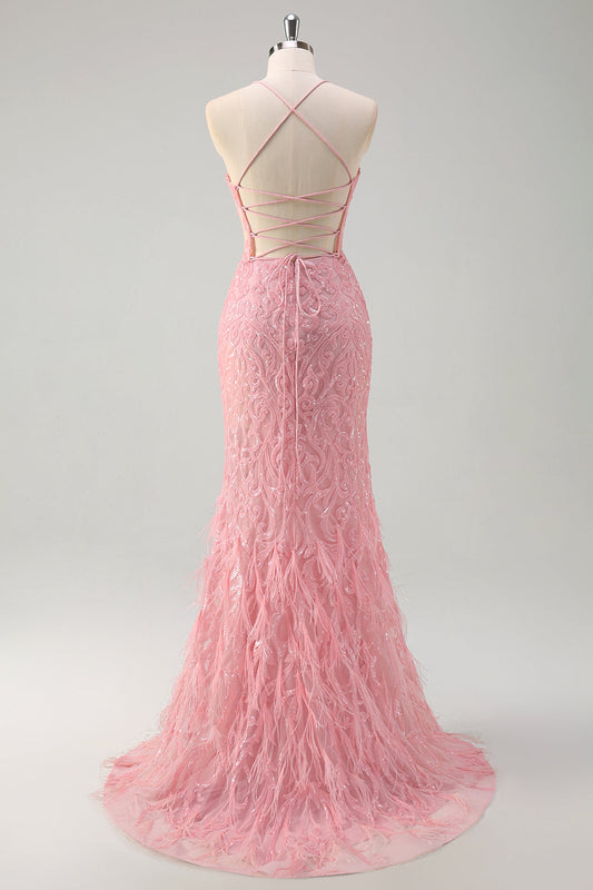 Robe de bal longue à paillettes avec bretelles fines, sirène rose scintillante et plumes