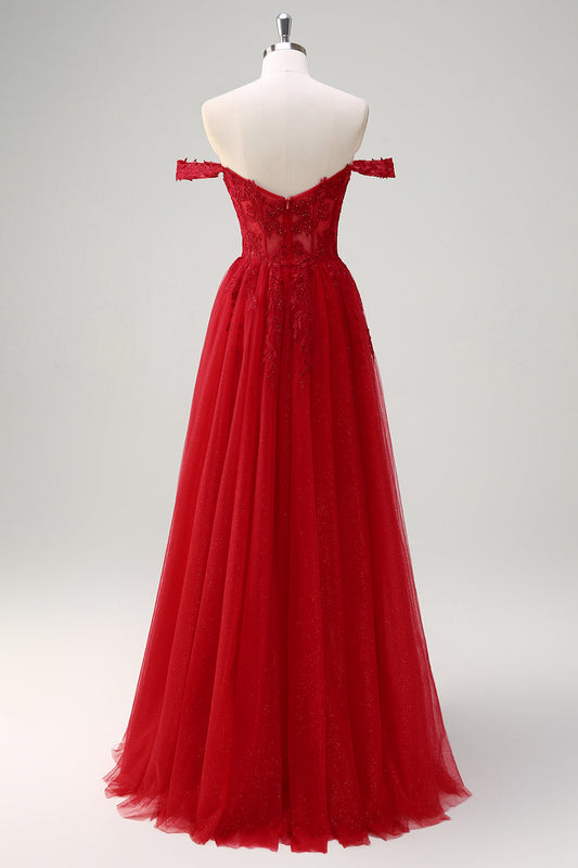 Robe de soirée longue trapèze rouge en tulle avec corset et fente, épaules dénudées