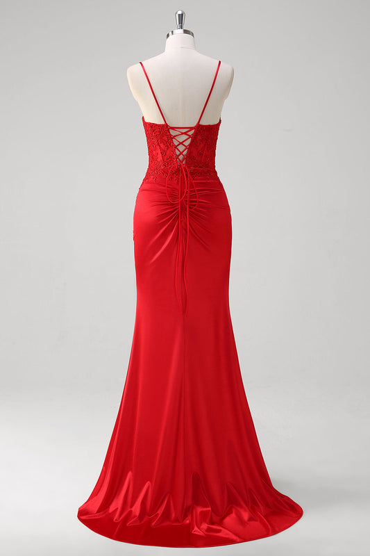 Robe de bal longue sirène en satin rouge à corsage avec bretelles spaghetti et appliques