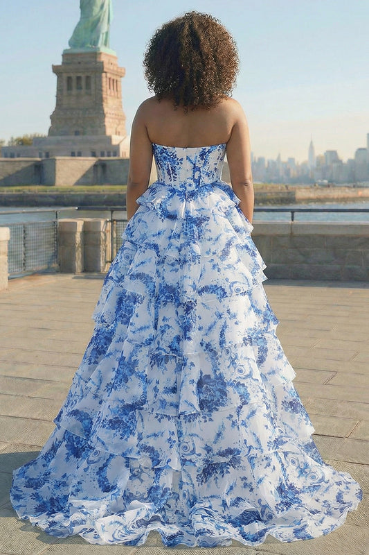 Blue White Flower A-Line Basque Waist Tiered Long Plus Size Prom Dress with Slit