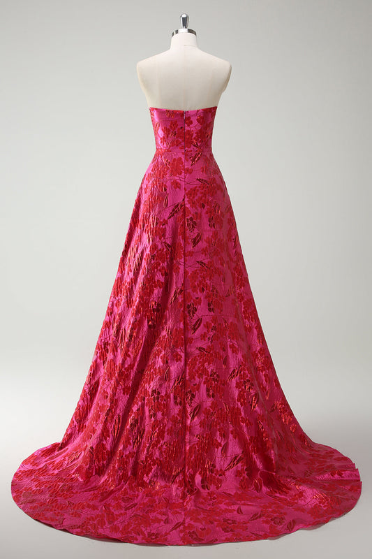 Robe de bal longue fuchsia sans bretelles en forme de A avec motif floral