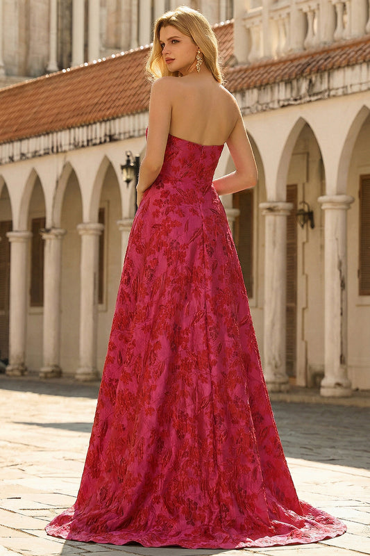 Strapless Fuchsia Floral A-Line Brocade Long Prom Dress