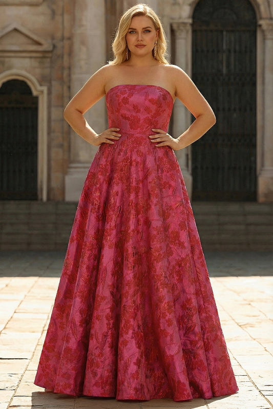 Robe de bal longue évasée sans bretelles fuchsia fleurie grande taille