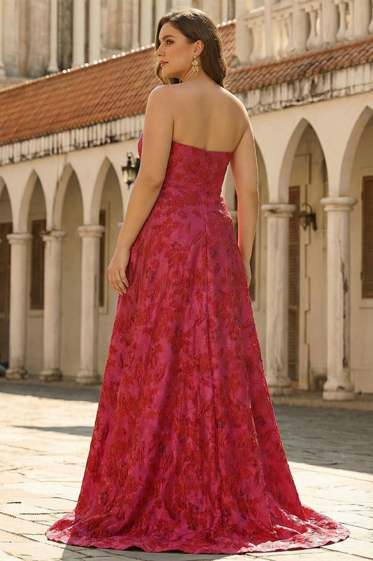 Robe de bal longue évasée sans bretelles fuchsia fleurie grande taille