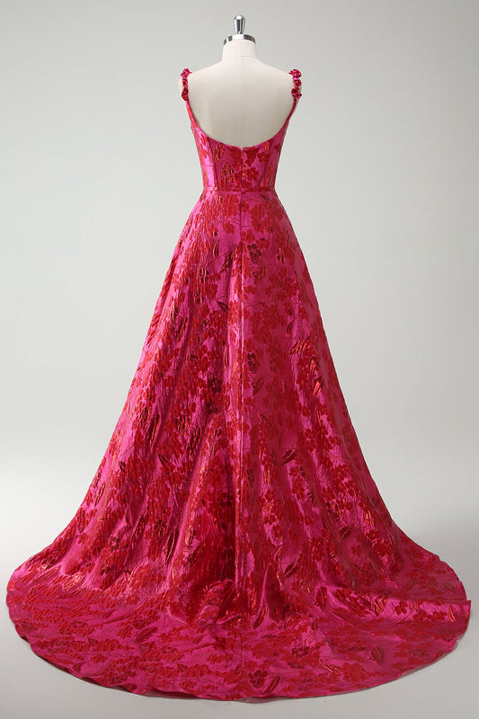 Robe de bal longue fuchsia trapèze à fines bretelles en jacquard floral avec fente