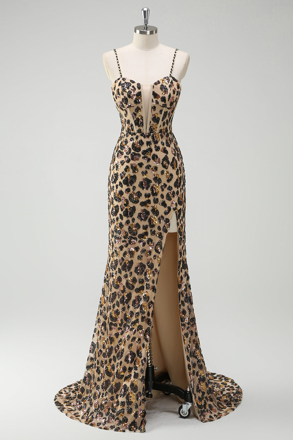 Mermaid Khaki Leopard Sequin Corset Plus Size Long Prom Dress with Slit