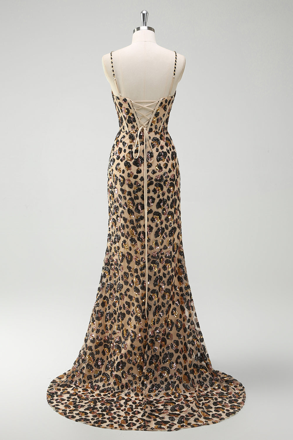 Mermaid Khaki Leopard Sequin Corset Plus Size Long Prom Dress with Slit