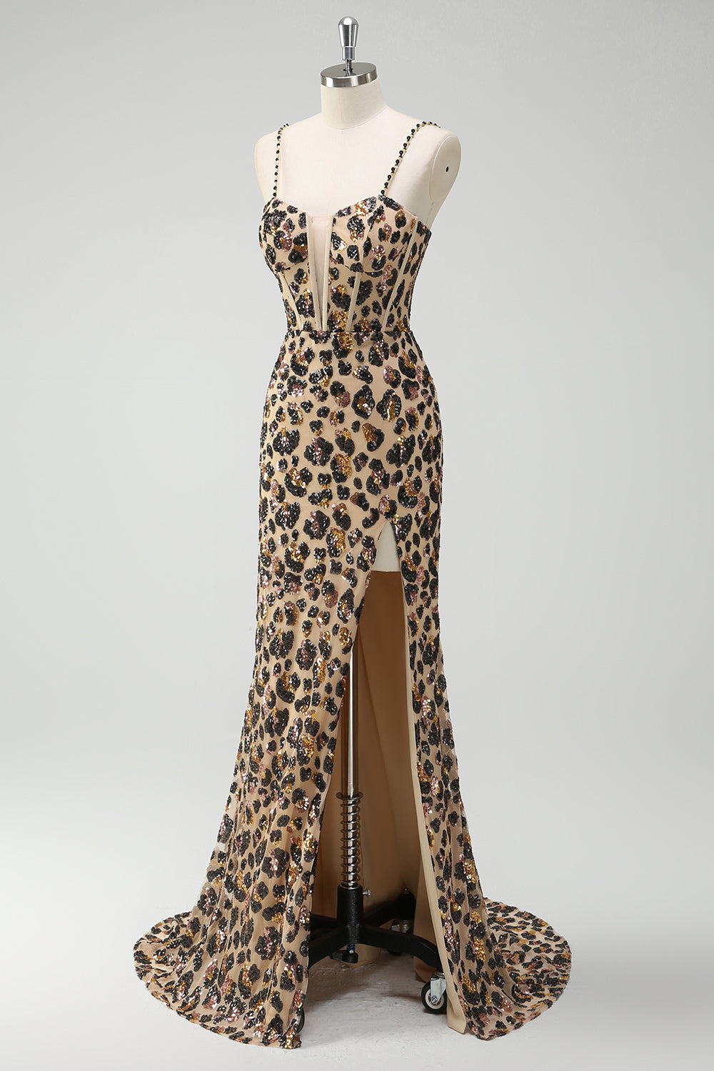 Mermaid Khaki Leopard Sequin Corset Plus Size Long Prom Dress with Slit