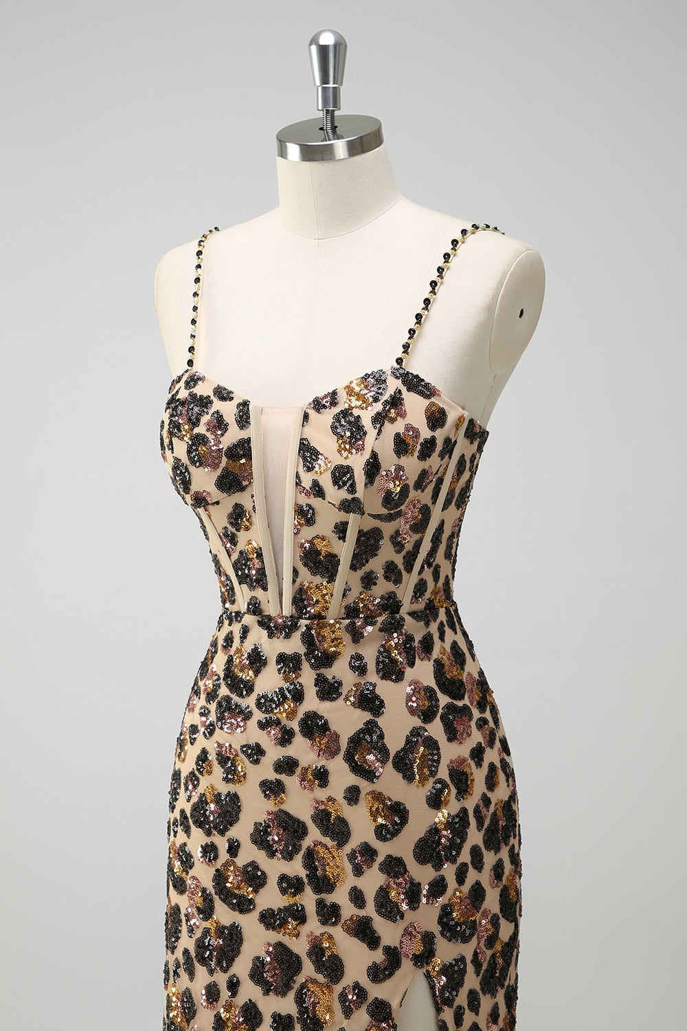 Mermaid Khaki Leopard Sequin Corset Plus Size Long Prom Dress with Slit