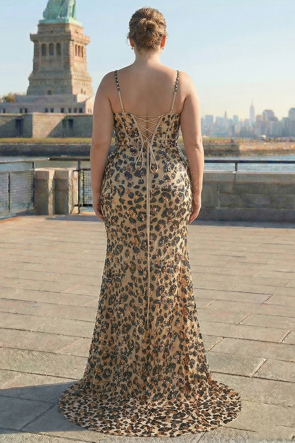 Mermaid Khaki Leopard Sequin Corset Plus Size Long Prom Dress with Slit