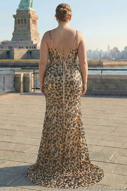 Robe de bal longue grande taille fendue sirène à paillettes léopard kaki avec corset
