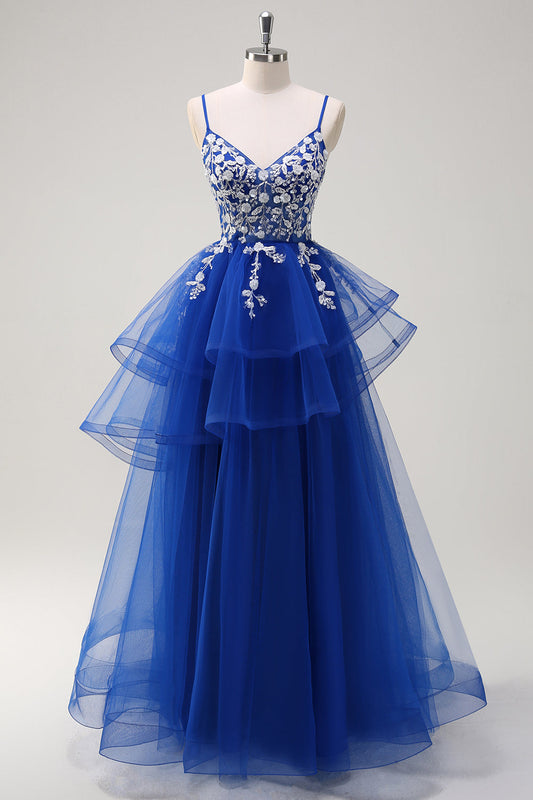 Robe de bal longue évasée bleu roi à volants, avec appliques et paillettes
