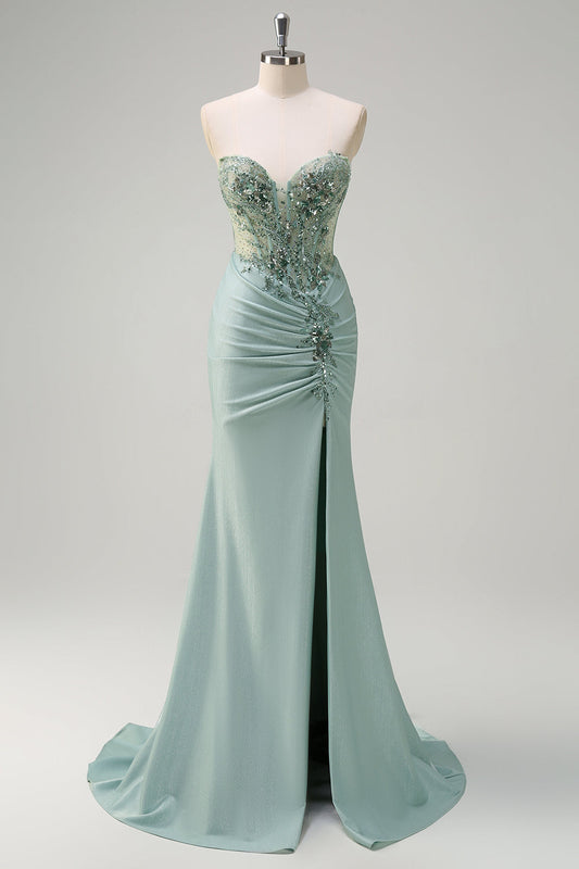 Robe de bal longue ruchée sirène gris vert scintillant bustier corset à sequins avec fente