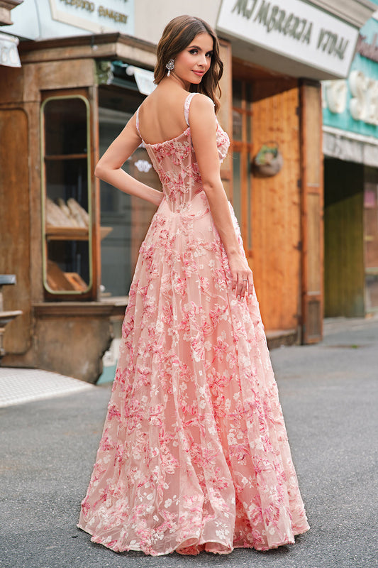 Robe de bal trapèze rose à épaules dénudées avec corset, papillons 3D, fleurs et fente