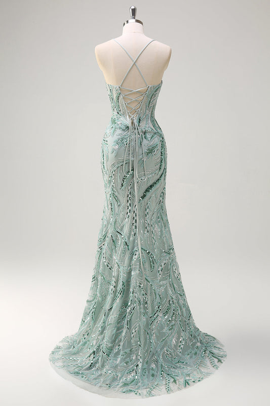 Robe de bal longue sirène vert sauge brillante avec paillettes, perles, fines bretelles et fente