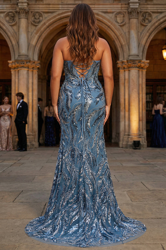 Robe de bal longue grande taille fendue sirène étincelante avec laçage au dos et paillettes Twilight