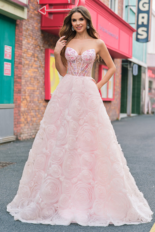 Robe de soirée longue bustier rose princesse étincelante avec corset floral et sequins