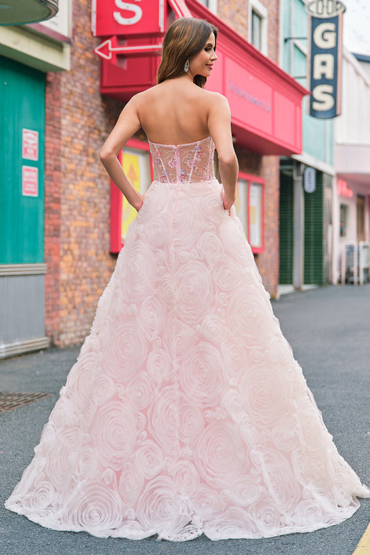 Robe de soirée longue bustier rose princesse étincelante avec corset floral et sequins