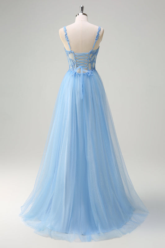 Robe de bal longue bleu scintillant en ligne A avec corset transparent, dos lacé et fente