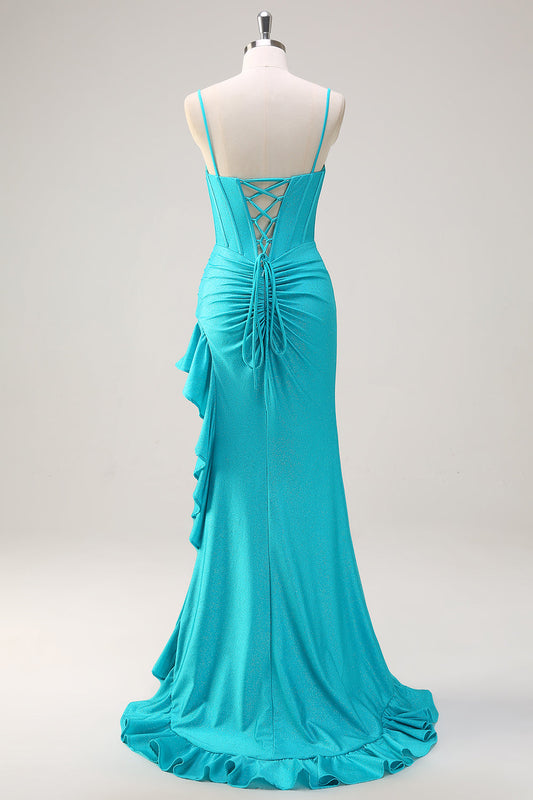 Robe de bal sirène bleue longue bustier, bretelles spaghetti, perles, fente à volants